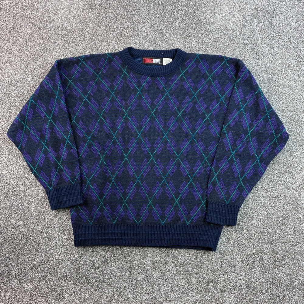 Vintage Todays News Sweater Mens Large Blue Acrylic Argyle Knit Crewneck